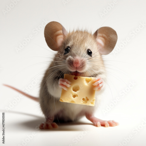 Grey mouse with a cheese piece, isolated on white background, looking at camera