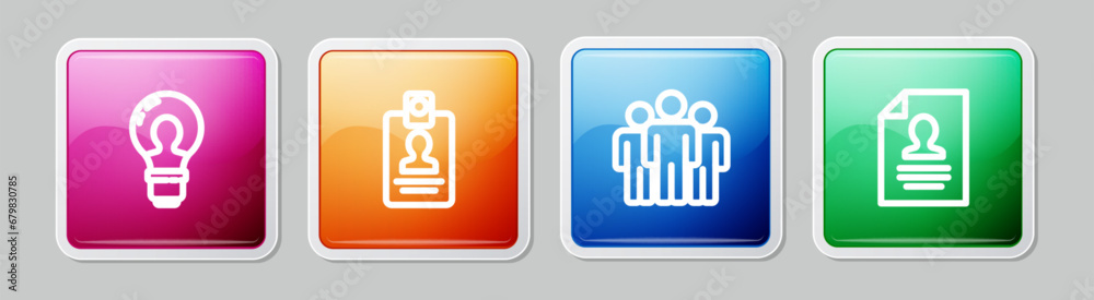Set line Head with lamp bulb, Identification badge, Users group and Resume. Colorful square button. Vector Set line Head with lamp bulb, Identification badge, Users group and Resume. Colorful square button. Vector
