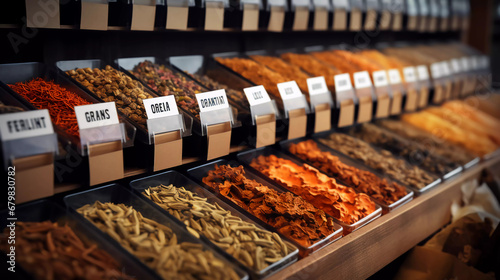 Aromatic spices shop or a supermarket spice section with empty price or name tag as wide banner photo