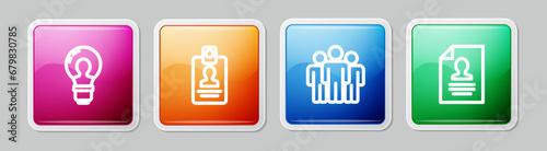 Set line Head with lamp bulb, Identification badge, Users group and Resume. Colorful square button. Vector