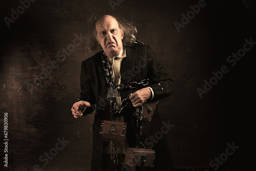 Ghost of Jacob Marley, Scrooge ex-business partner, chained with a padlock, carrying treasure chests and keys