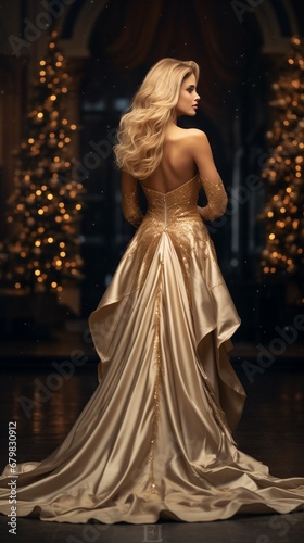 Beautiful european plus size blonde woman in Belle Liquid Metallic Dress, open back and off shoulder design in theatre near Christmas tree