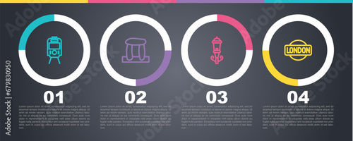 Set line Tram and railway, Stonehenge, Vintage street light and London sign. Business infographic template. Vector