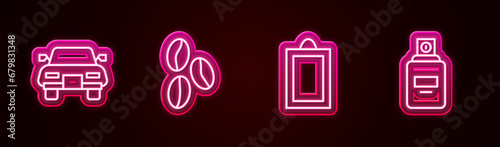 Set line Car, Coffee beans, Picture and Perfume. Glowing neon icon. Vector