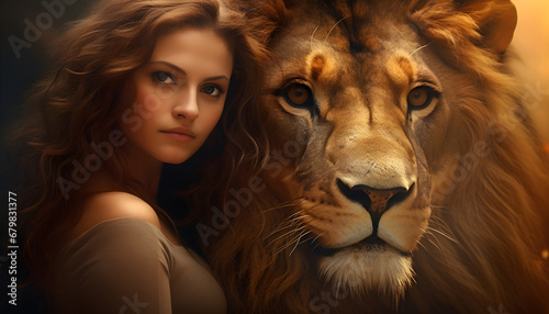 Woman animal tamer with a large lion.