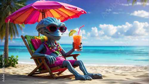 An alien lies on the beach with a cocktail in his hand and sunbathes. © AMERO MEDIA