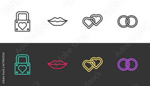 Set line Lock and heart, Smiling lips, Two Linked Hearts and Wedding rings on black and white. Vector
