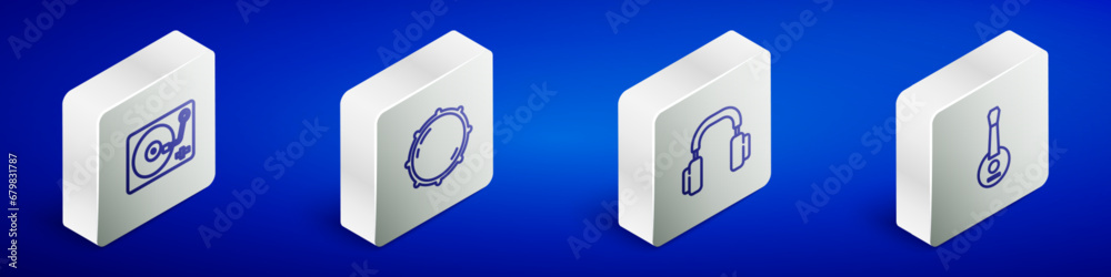 Set Isometric line Vinyl player with vinyl disk, Dial knob level, Headphones and Banjo icon. Vector Set Isometric line Vinyl player with vinyl disk, Dial knob level, Headphones and Banjo icon. Vector