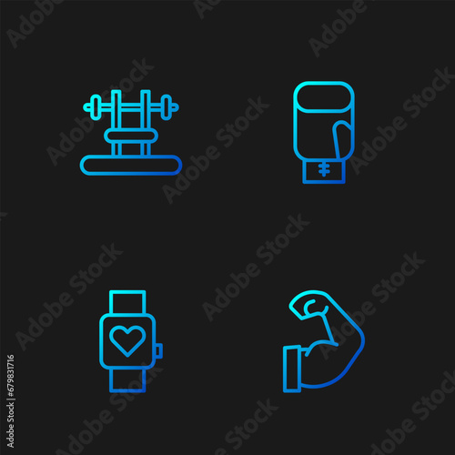 Set line Bodybuilder muscle, Smart watch, Bench with barbel and Boxing glove. Gradient color icons. Vector