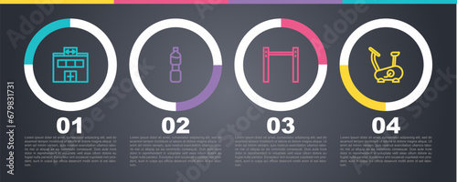 Set line Gym building, Bottle of water, Horizontal bar and Stationary bicycle. Business infographic template. Vector