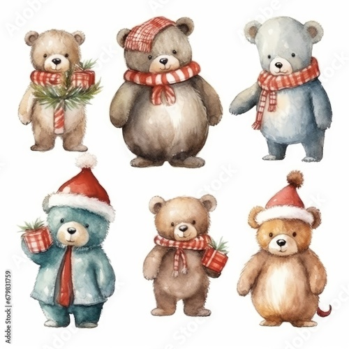 set Funny Christmas winter bears of watercolors on white background © Nikolai