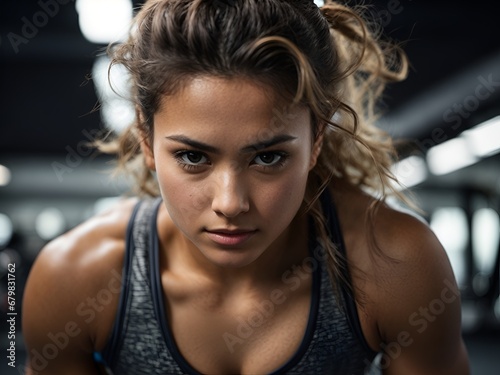 Close-up of a young woman in the gym, pushing through an intense set of push-ups. Her face reflects fierce determination and vitality, exemplifying perseverance in her fitness lifestyle.
