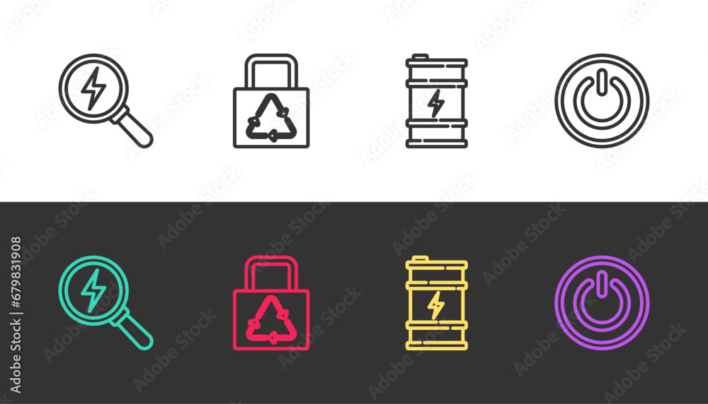 Set line Lightning bolt, Paper bag with recycle, Bio fuel barrel and Power button on black and white. Vector Set line Lightning bolt, Paper bag with recycle, Bio fuel barrel and Power button on black and white. Vector