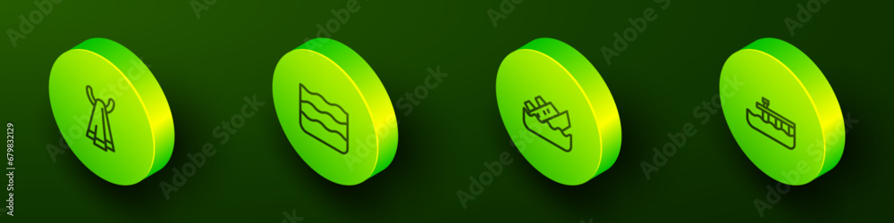 Set Isometric line Towel on a hanger, Wave, Sinking cruise ship and Beach pier dock icon. Vector Set Isometric line Towel on a hanger, Wave, Sinking cruise ship and Beach pier dock icon. Vector