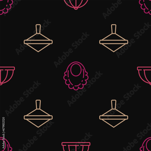 Set line Baby hat, Whirligig toy and bib on seamless pattern. Vector
