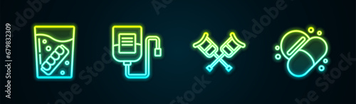 Set line False jaw in glass, IV bag, Crutch or crutches and Medicine pill tablet. Glowing neon icon. Vector