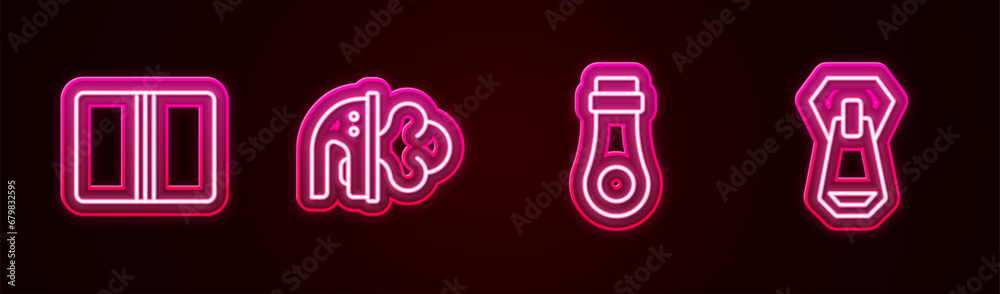 Set line Textile fabric roll, Electric iron, Zipper and . Glowing neon icon. Vector Set line Textile fabric roll, Electric iron, Zipper and . Glowing neon icon. Vector