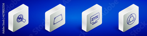 Set Isometric line Magnifying glass with percent, Acute trapezoid shape, XYZ Coordinate system and Triangle math icon. Vector