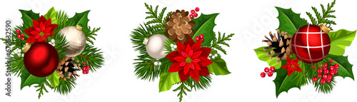Christmas decorations with red and silver Christmas balls, fir branches, pinecones, poinsettia flowers, holly, and mistletoe isolated on a white background. Set of vector illustrations