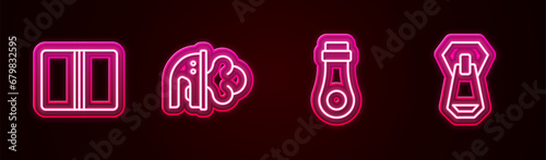 Set line Textile fabric roll, Electric iron, Zipper and . Glowing neon icon. Vector