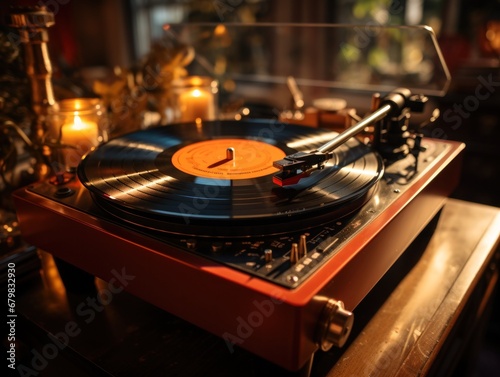 vintage record player, While playing the record, Black platter. 