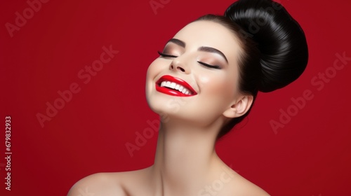Portrait of a beautiful vamp woman with bright red lips. Advertising photography.