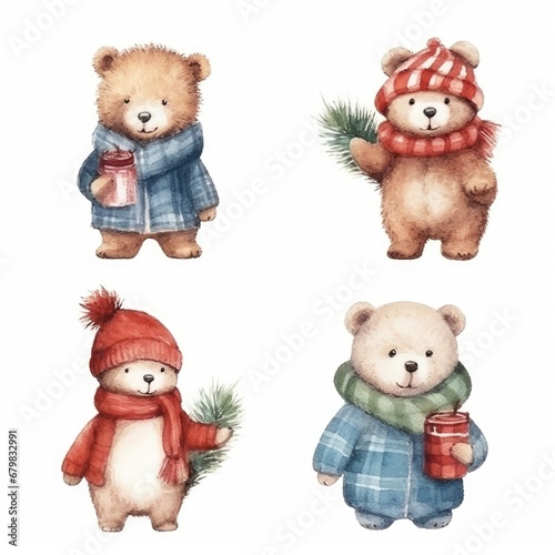 set Funny Christmas winter bears of watercolors on white background © Nikolai