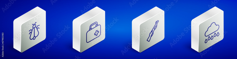 Set Isometric line Mosquito, First aid kit, Hunting gun and Cloud with rain icon. Vector Set Isometric line Mosquito, First aid kit, Hunting gun and Cloud with rain icon. Vector