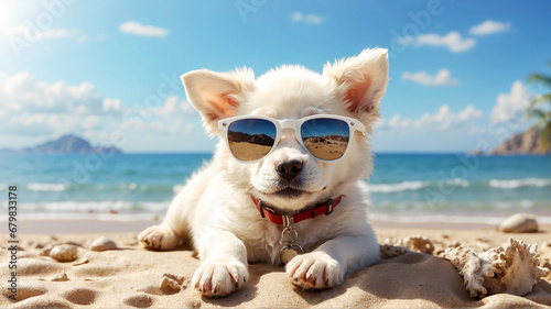 cute white puppy in sunglasses lies on the sandy seashore photo