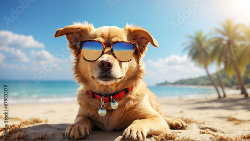 cute dog in sunglasses lies on the sandy seashore