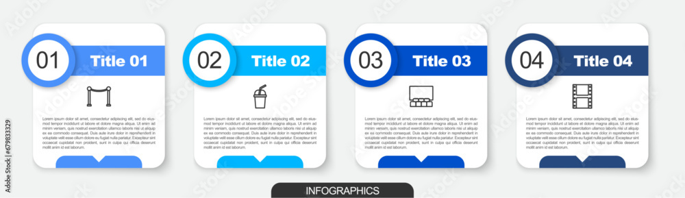 Set line Rope barrier, Paper glass with water, Cinema auditorium screen and Play video. Business infographic template. Vector Set line Rope barrier, Paper glass with water, Cinema auditorium screen and Play video. Business infographic template. Vector