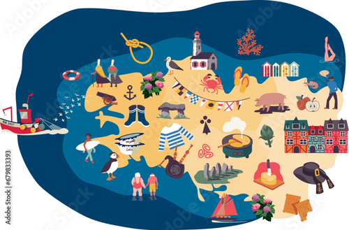 Map of the french area: Bretagne. Set of illustrated icons in a vector flat design. Icons of food, culture and landscapes. photo