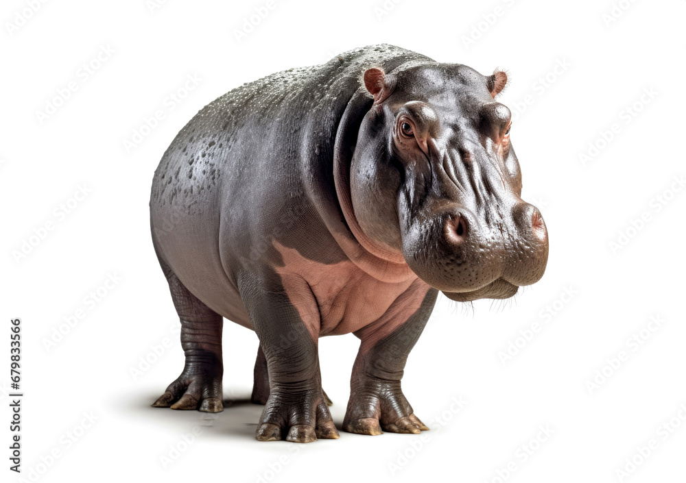 a hippopotamus standing on a white background, facing the camera. a hippopotamus standing on a white background, facing the camera.