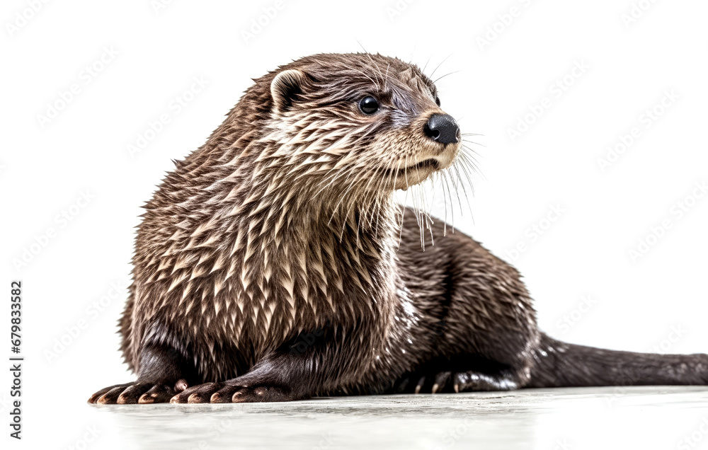 A sleek, brown otter with a curious expression is captured in a studio setting on a white background. A sleek, brown otter with a curious expression is captured in a studio setting on a white background.