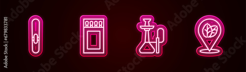 Set line Cigar, Matchbox and matches, Hookah and Tobacco leaf. Glowing neon icon. Vector