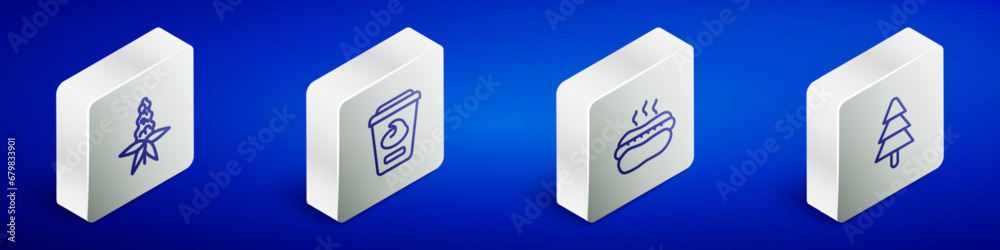Set Isometric line Lupine flower, Yogurt container, Hotdog sandwich and Tree icon. Vector Set Isometric line Lupine flower, Yogurt container, Hotdog sandwich and Tree icon. Vector
