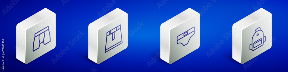 Set Isometric line Men underpants, Skirt, and School backpack icon. Vector Set Isometric line Men underpants, Skirt, and School backpack icon. Vector
