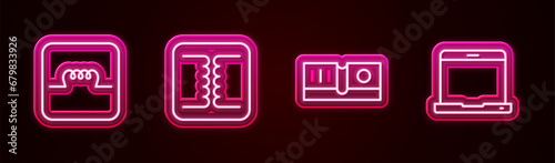 Set line Inductor in electronic circuit, Electrical transformer, light switch and Laptop. Glowing neon icon. Vector
