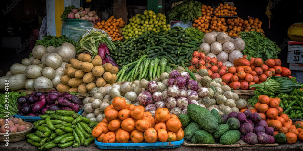 Stall selling fresh fruit and vegetables, retail. Generative AI. Stall selling fresh fruit and vegetables, retail. Generative AI.