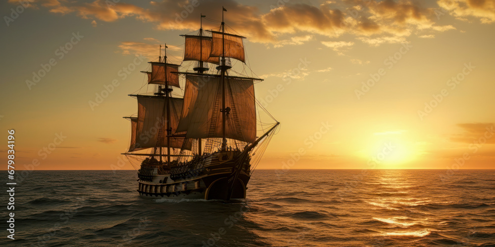 Spanish galleon from the 17th century, sailing into the sunset. Generative AI.