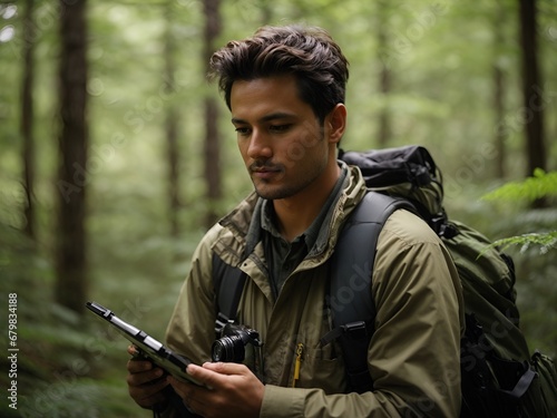 An environmental conservation surveyor in the forest, diligently recording data as part of field research, showcasing commitment to preserving nature and sustainability. 