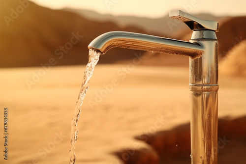 clean drinking water flows from a golden tap into the sand in the desert. planetary concept of global warming, water shortage and drought