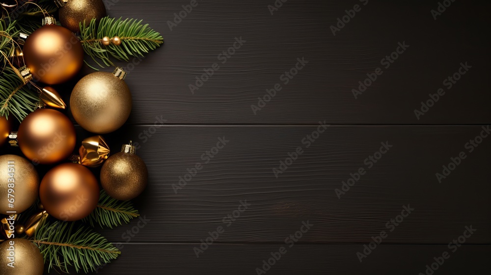 Fototapeta premium Beat see photo of green brown brilliant christmas tree balls and brilliant takes off on confined brown foundation