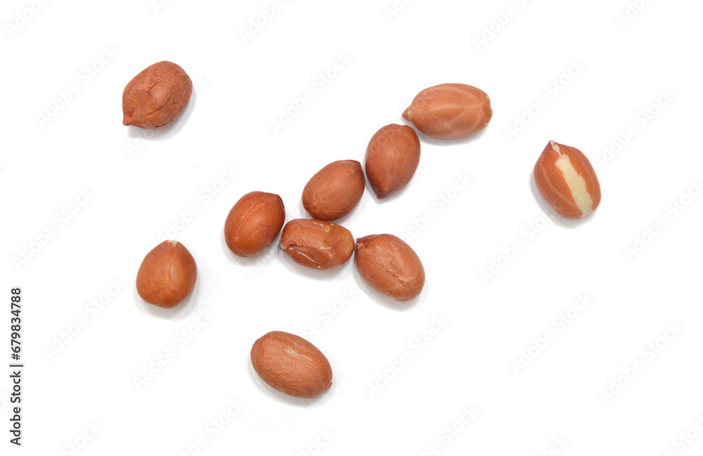 Dried peanuts in closeup on white