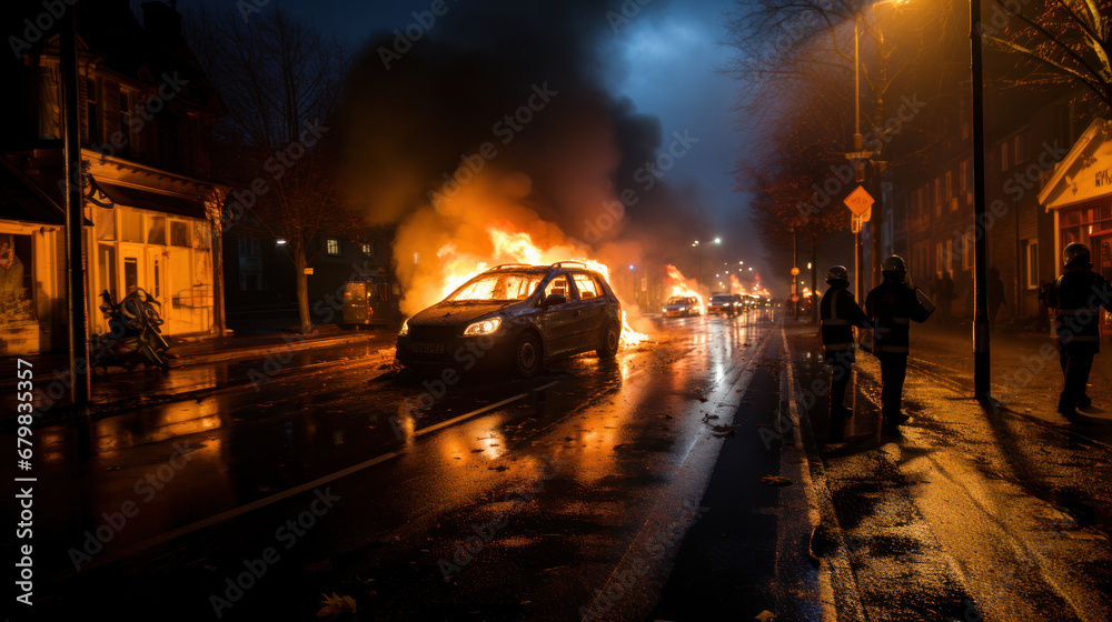 Burning car on the street at night in Brno, Czech Republic. Disorders, protests in Europe. Smoke and flames all around. Dispersal of demonstrations, patrolling during riots. Clashes on streets.