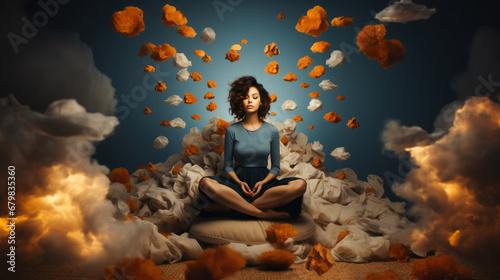 Young woman meditating in lotus pose surrounded by surreal clouds and smoke levitate.