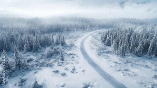 Overhead view of a road through a snow covered forest landscape in the far north of Canada