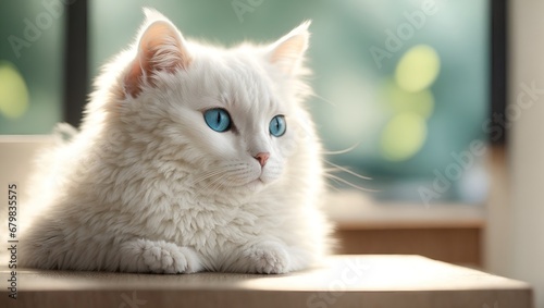 white cute cat on the table and window in background with blue eyes