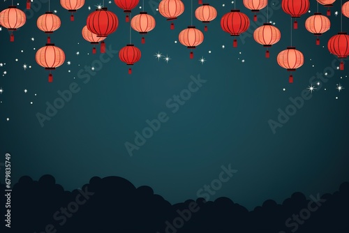 Minimal illustration design with Chinese paper lanterns floating over blue sky. Copy space for text. Chinese New Year concept