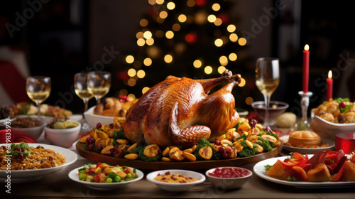 Christmas dinner table full of dishes with food, baked chicken in the center and assorted snacks, Christmas tree with garlands of lights in the background